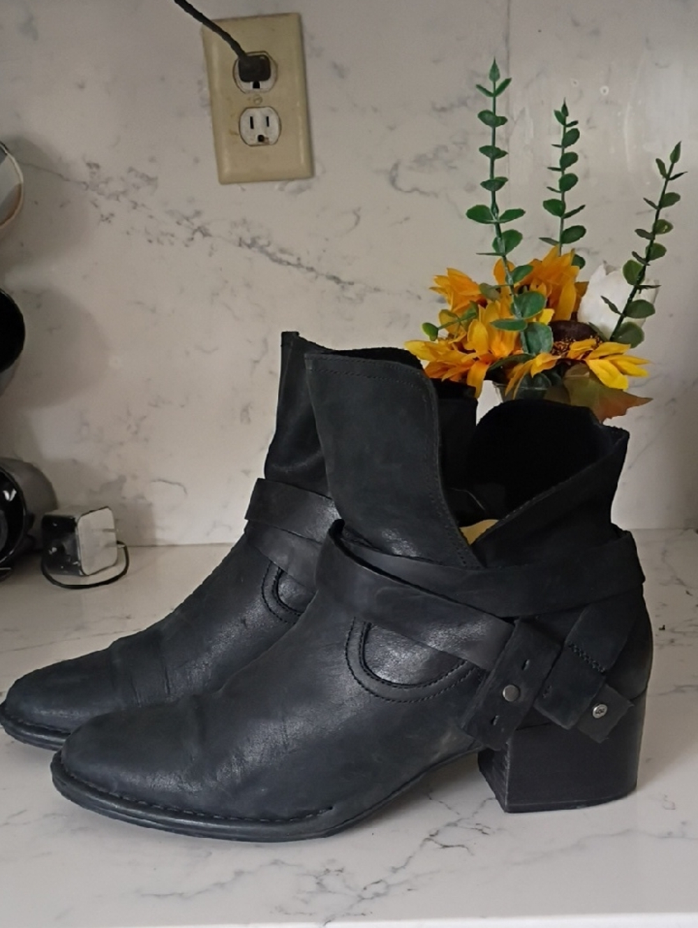 UGG Black Leather Ankle Booties with Buckle Strap